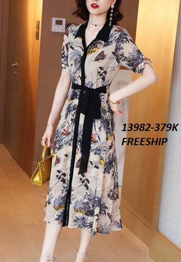 13982-Đầm suông in hoa cổ bẻ viền đen kèm dây thắt eo (voan in)FREESHIP_thumbnail_0