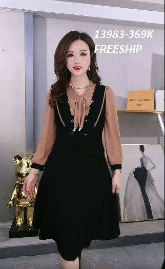 13983-Đầm xòe A tay dài cổ thắt nơ đính nút (thun mịn, voan)FREESHIP_thumbnail_1