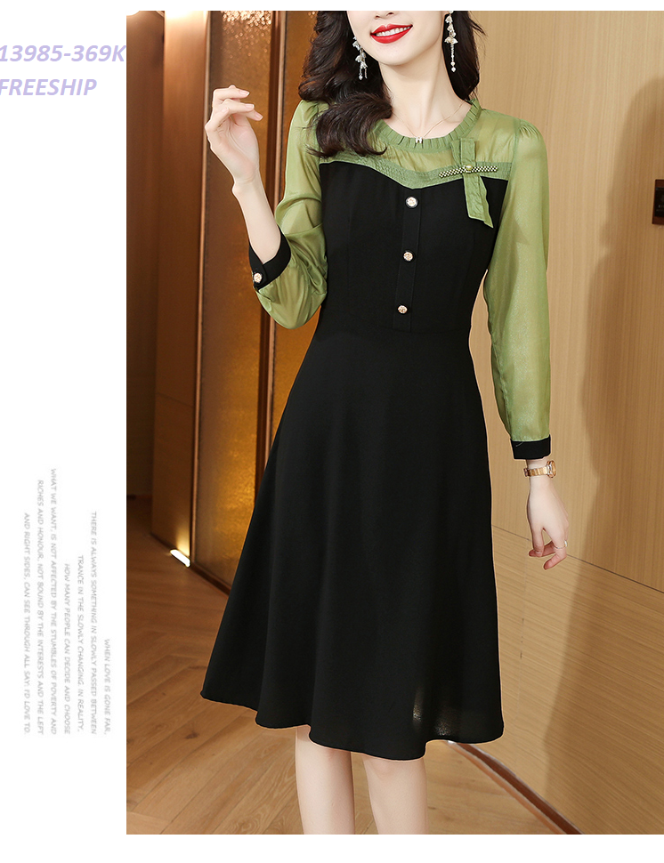 13985-Đầm xòe A phối  tay voan dài kết nơ ngực (thun mịn,voan)FREESHIP_thumbnail_1