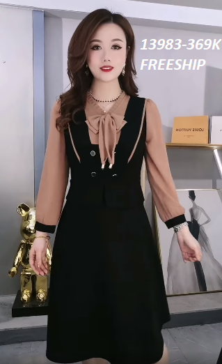 13983-Đầm xòe A tay dài cổ thắt nơ đính nút (thun mịn, voan)FREESHIP_thumbnail_0