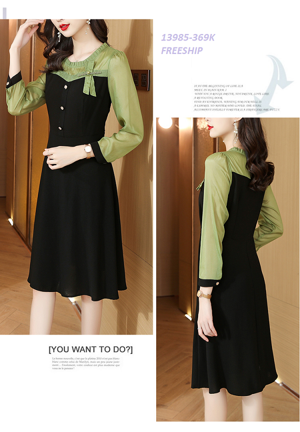 13985-Đầm xòe A phối  tay voan dài kết nơ ngực (thun mịn,voan)FREESHIP_thumbnail_0