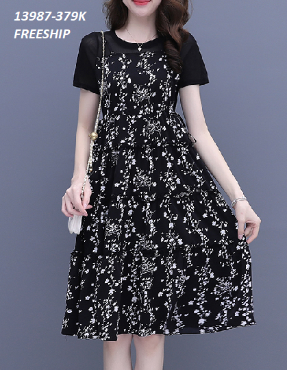 13987-Đầm xòe tay ngắn hoa nhí kèm dây thắt eo (voan lưới,lụa in)FREESHIP_thumbnail_0