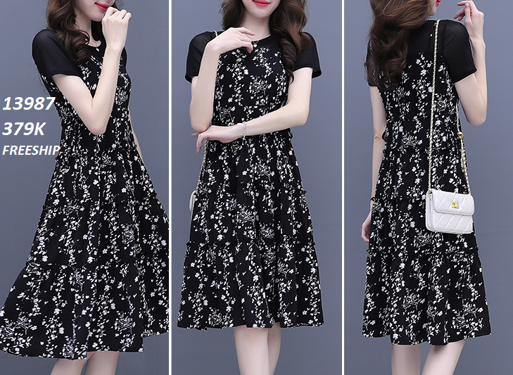 13987-Đầm xòe tay ngắn hoa nhí kèm dây thắt eo (voan lưới,lụa in)FREESHIP_thumbnail_1