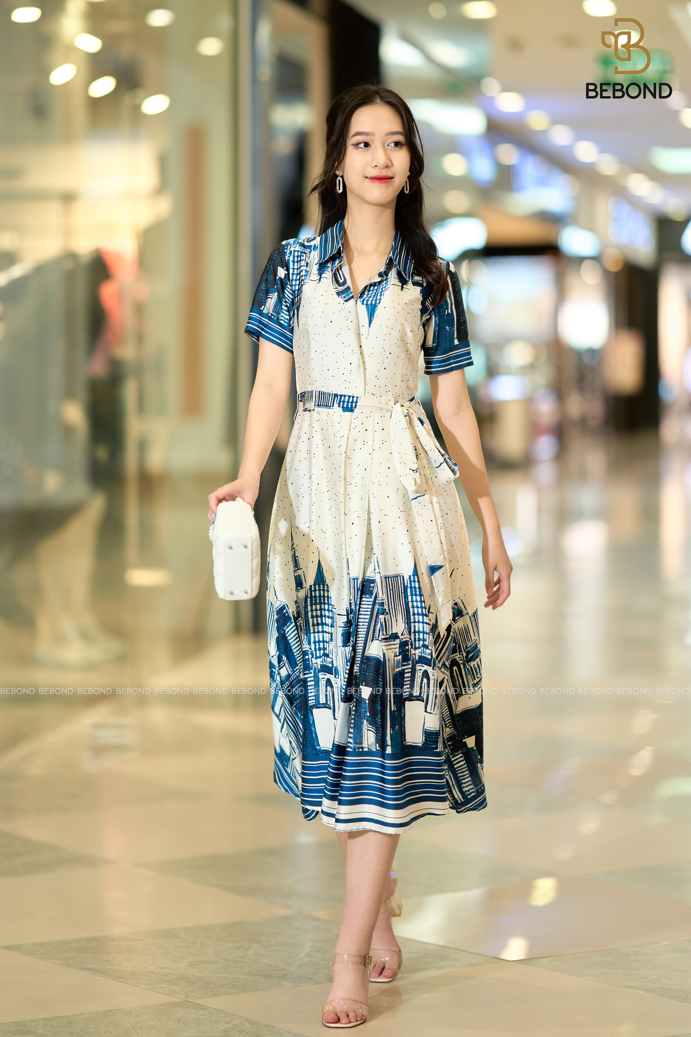 ĐẦM LỤA TRẮNG HỌA TIẾT XANH CỔ ĐỨC- JULIA DRESS