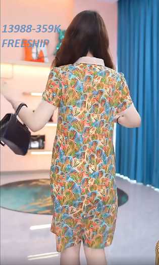 13988-Đầm suông họa tiết đuôi công sắc màu cổ sen kết nút (voan in+ lót)FREESHIP_thumbnail_1