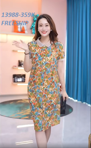 13988-Đầm suông họa tiết đuôi công sắc màu cổ sen kết nút (voan in+ lót)FREESHIP_thumbnail_2