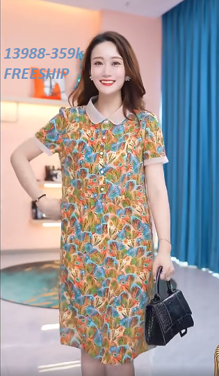 13988-Đầm suông họa tiết đuôi công sắc màu cổ sen kết nút (voan in+ lót)FREESHIP_thumbnail_0