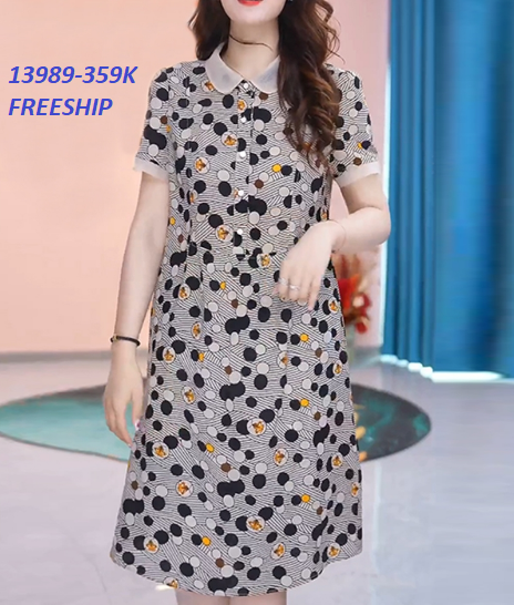13989-Đầm suông cổ sen kết nút họa tiết chấm tròn (lụa in)FREESHIP_thumbnail_0