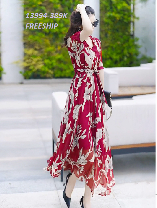 13994-Đầm dài in hoa tay lở cổ chéo eo thắt nơ  (voan in ,lót)FREESHIP_thumbnail_0