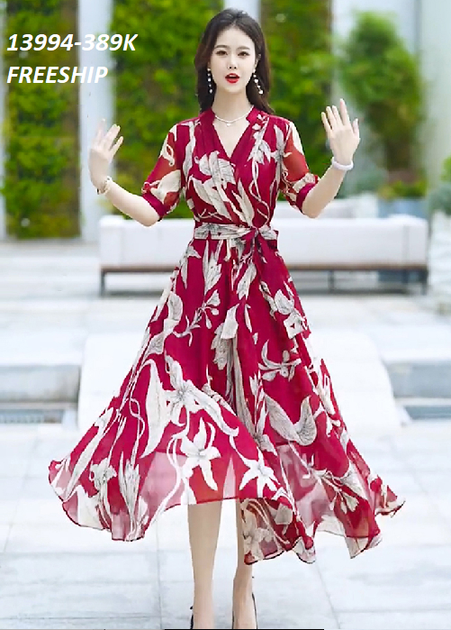 13994-Đầm dài in hoa tay lở cổ chéo eo thắt nơ  (voan in ,lót)FREESHIP_thumbnail_2