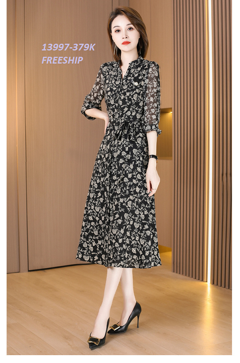 13997-Đầm voan hoa tay lở cổ chữ V cách điệu (voan in,lót )FREESHIP_thumbnail_0