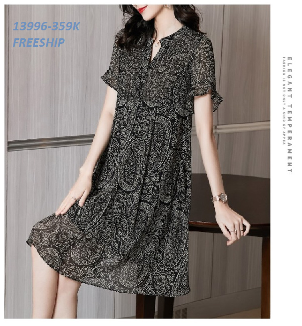13996-Đầm suông tay ngắn cổ cách điệu in hoa cổ điển( Voan,lót)FREESHIP_thumbnail_0