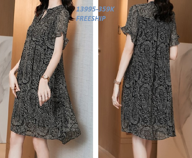 13996-Đầm suông tay ngắn cổ cách điệu in hoa cổ điển( Voan,lót)FREESHIP_thumbnail_1