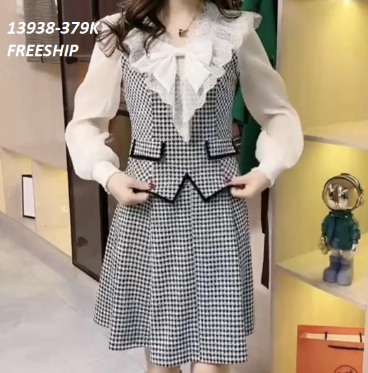 13938-Set áo kiểu thắt nơ kèm chân  váy họa  tiết  ziczac( thun lụa, lụa ánh kim)FREESHIP_thumbnail_0