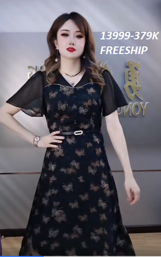 13999-Đầm voan in bướm tay tiên cổ V ép hạt  ( voan)FREESHIP_thumbnail_1