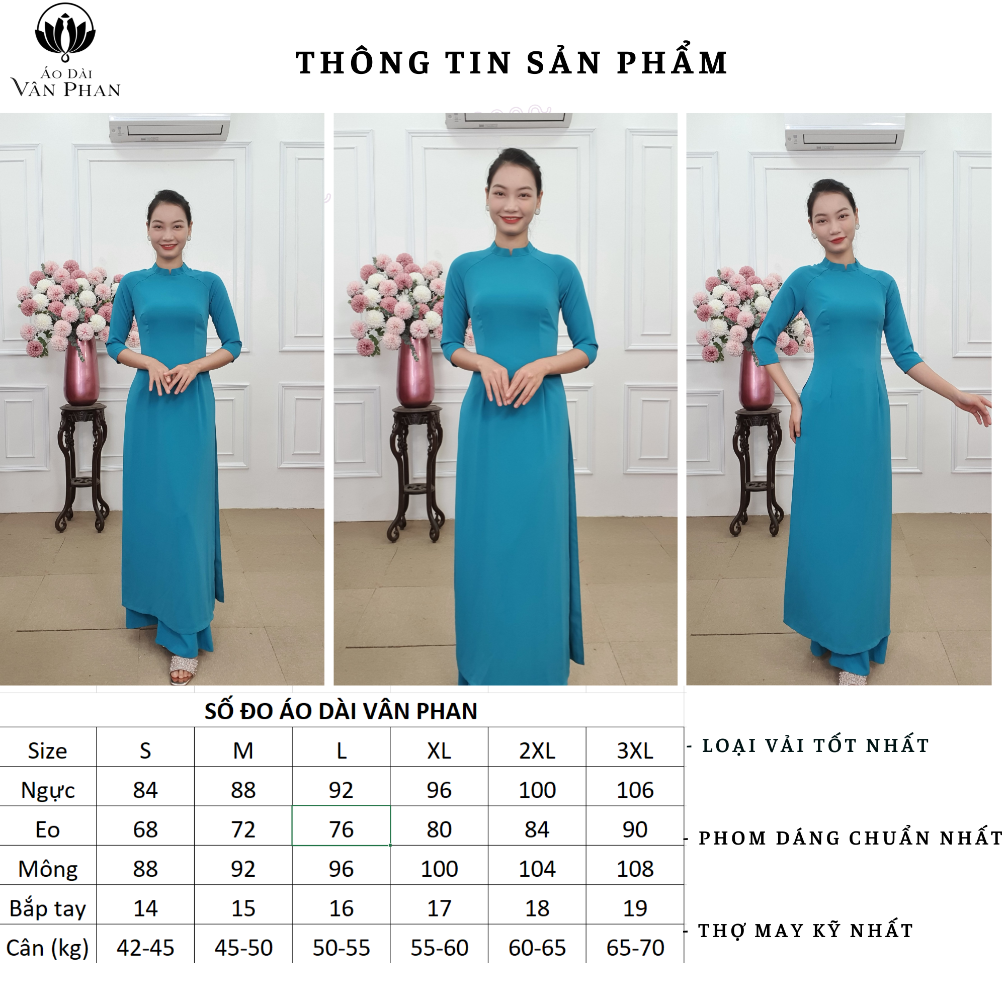 A2067CC bộ áo dài lụa mỹ xanh phỉ thúy trơn cổ 2p tay lỡ_thumbnail_4
