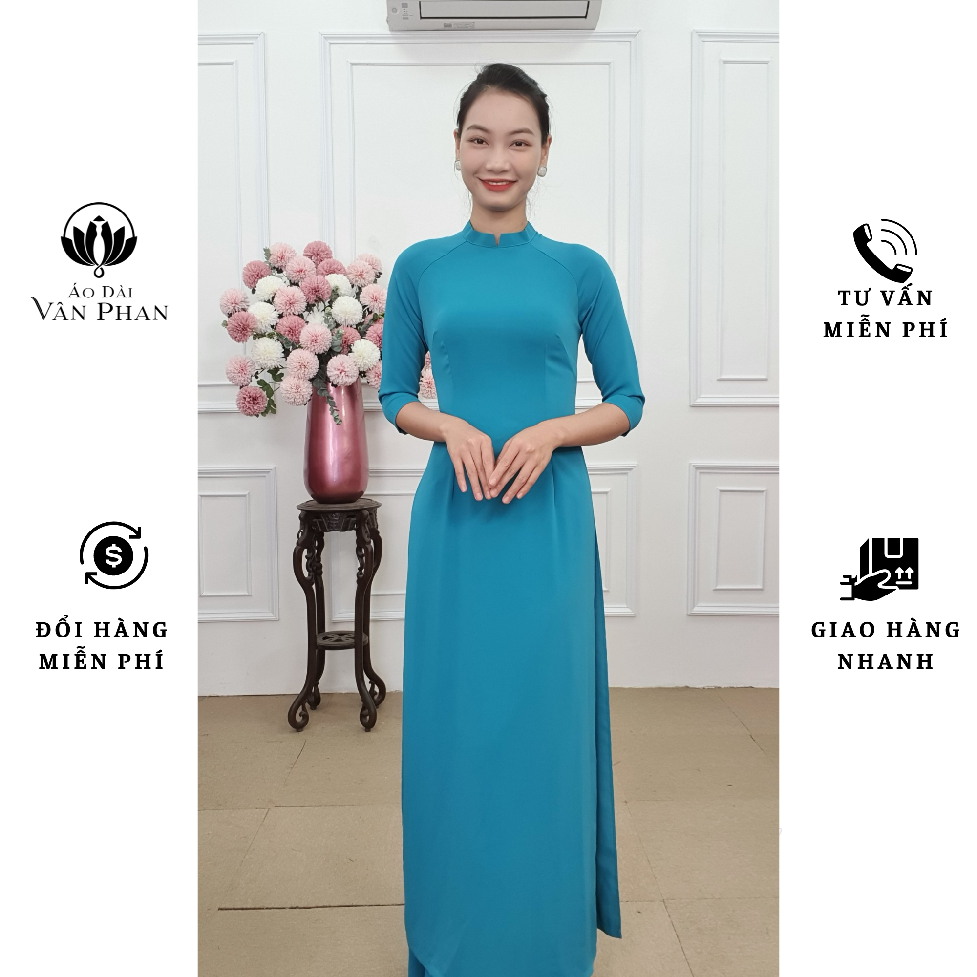 A2067CC bộ áo dài lụa mỹ xanh phỉ thúy trơn cổ 2p tay lỡ_thumbnail_3