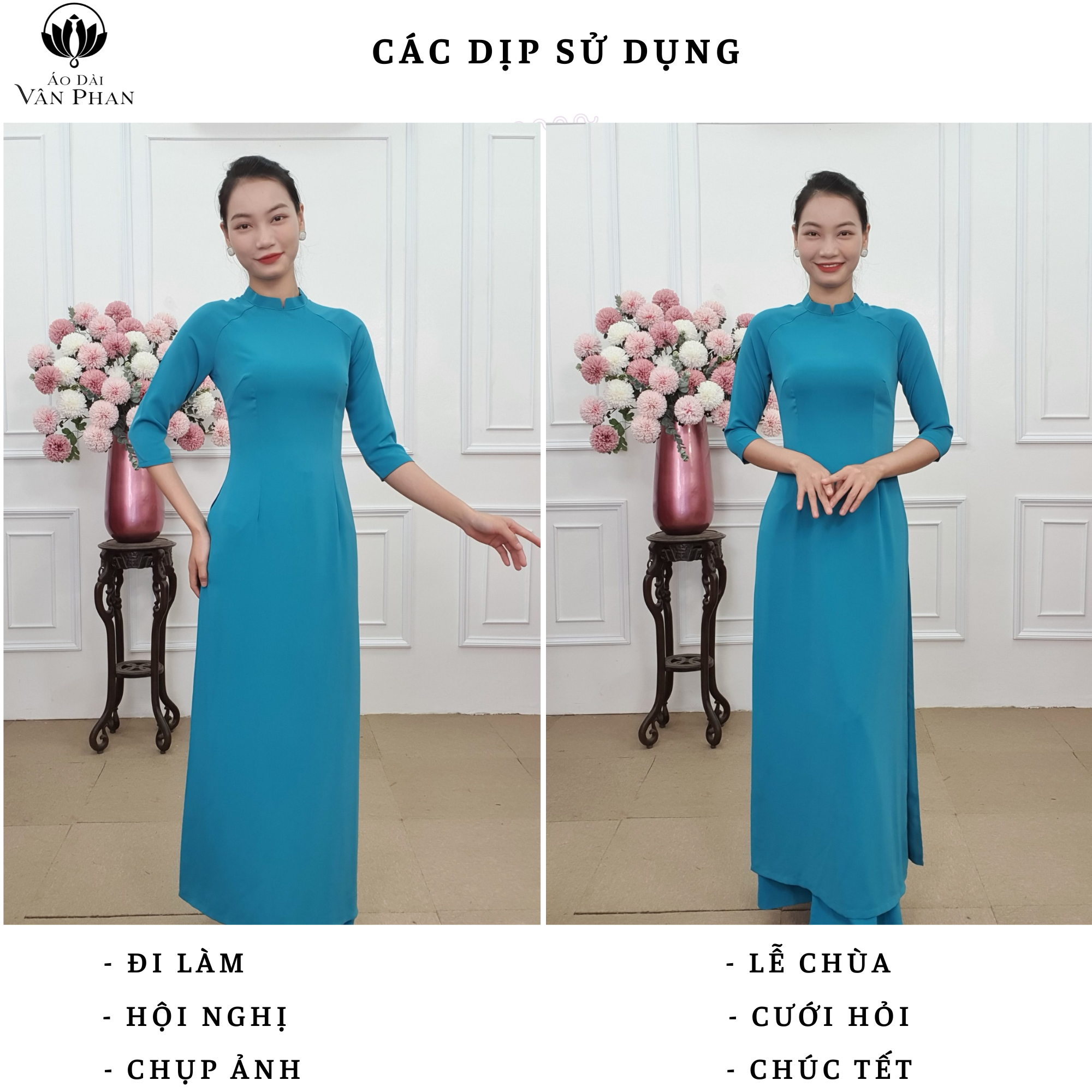 A2067CC bộ áo dài lụa mỹ xanh phỉ thúy trơn cổ 2p tay lỡ_thumbnail_5