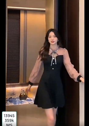 13945-Đầm  xòe  tay dài  cổ thắt nơ (thun mịn ,  xốp gãy)RFEESHIP_thumbnail_0