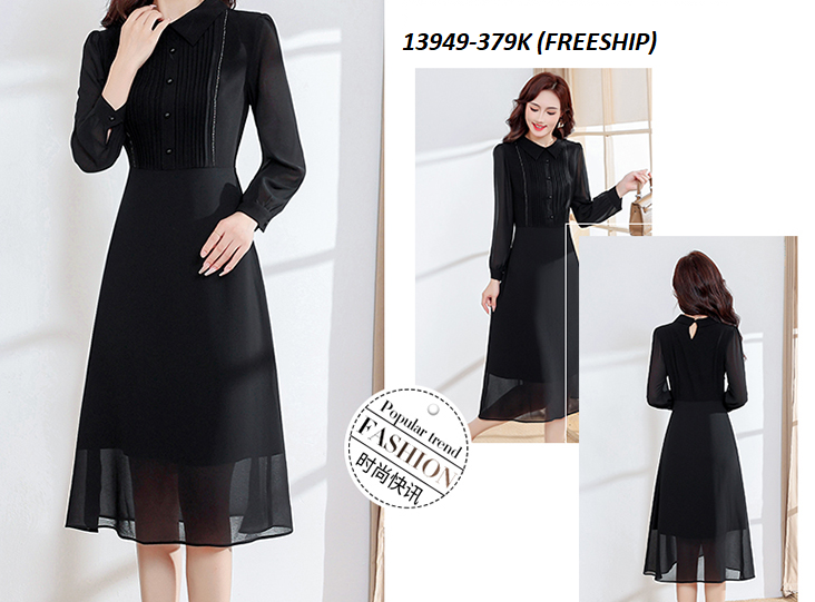 13949-Đầm xòe tay dài cổ bẻ kết nút xếp ly ngực ( voan, lót thun)FREESHIP_thumbnail_1
