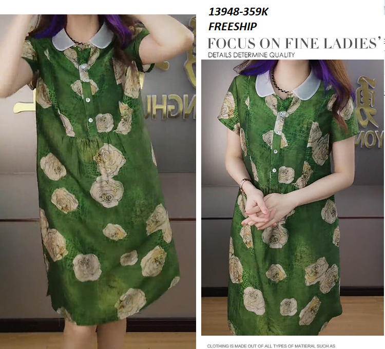 13948-Đầm suông cổ  sen kết nút in hoa hồng (lụa satin)FREESHIP_thumbnail_2