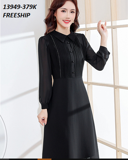 13949-Đầm xòe tay dài cổ bẻ kết nút xếp ly ngực ( voan, lót thun)FREESHIP_thumbnail_2