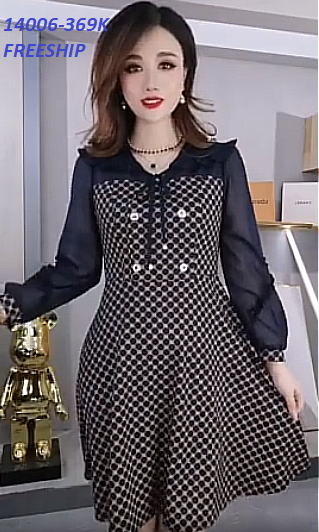 14006-Đầm xòe kẻ ô kết nút phối tay voan dài (lụa in, voan )FREESHIP_thumbnail_0