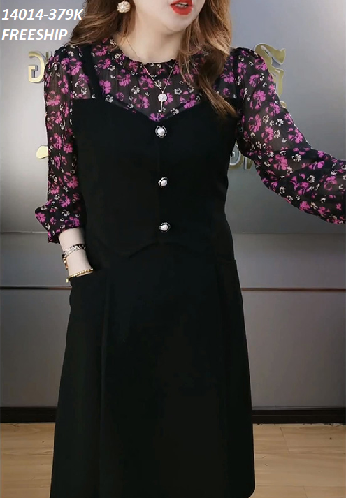 14014-Đầm xòe chữ A phối tay voan hoa nhí kế nút (thun mịn, voan)FREESHIP_thumbnail_2