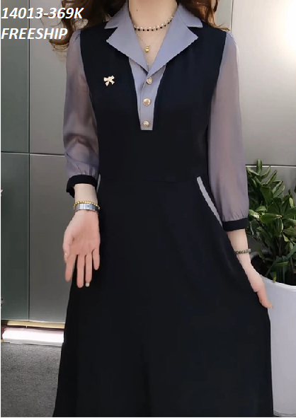 14013-Đầm xòe cổ bẻ kết nút phối tay voan lửng (thun mịn, voan )FREESHIP_thumbnail_2