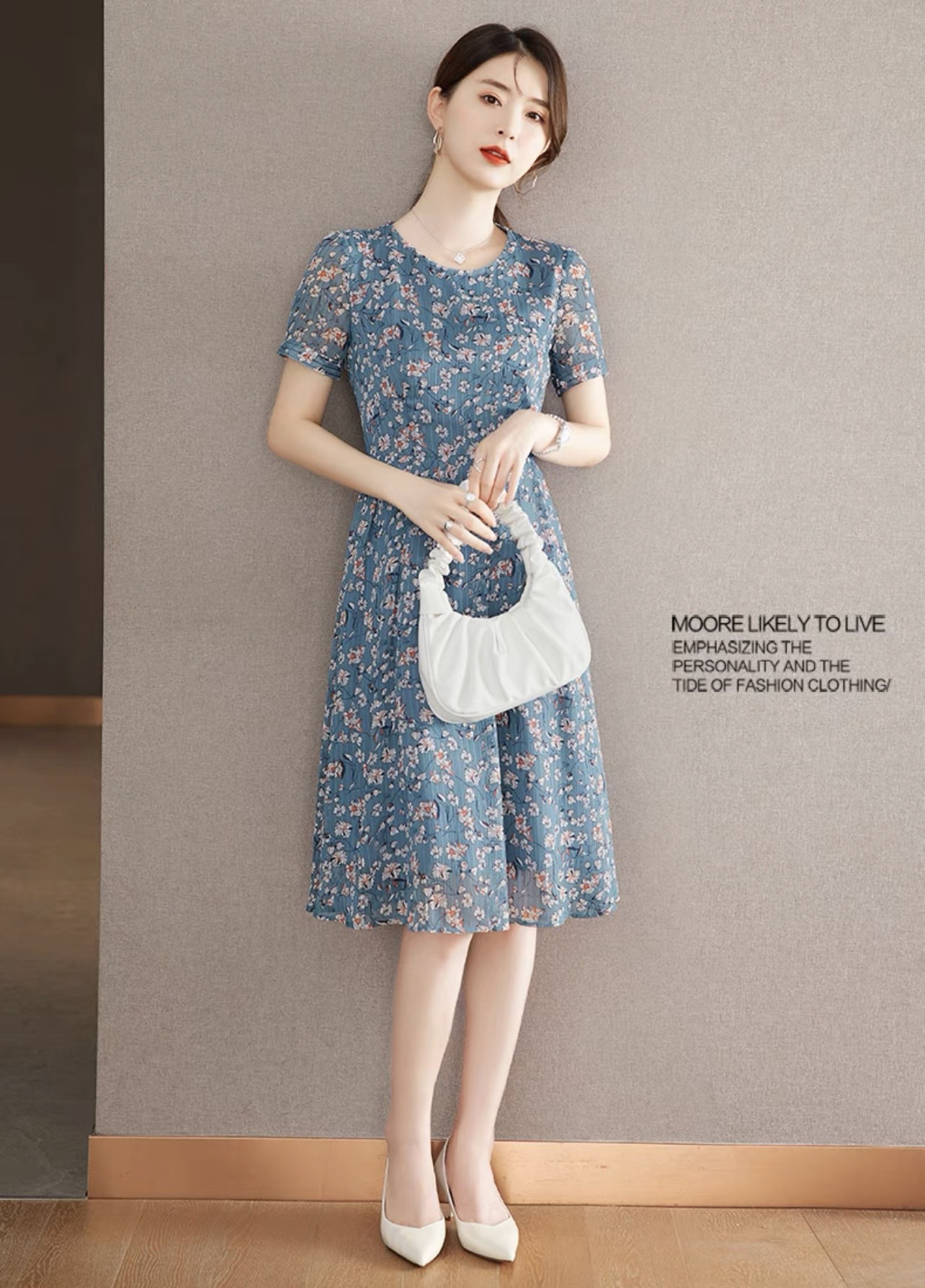 Đầm xòe hoa nhí xanh VILYA cổ tròn tay ngắn VD23-050_thumbnail_1