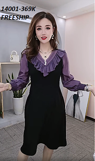 14001-Đầm xòe  tay dài phối voan cổ V nhún bèo ren (thunmịn, lụa ánh kim)FREESHIP_thumbnail_0