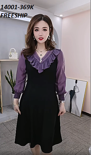 14001-Đầm xòe  tay dài phối voan cổ V nhún bèo ren (thunmịn, lụa ánh kim)FREESHIP_thumbnail_1