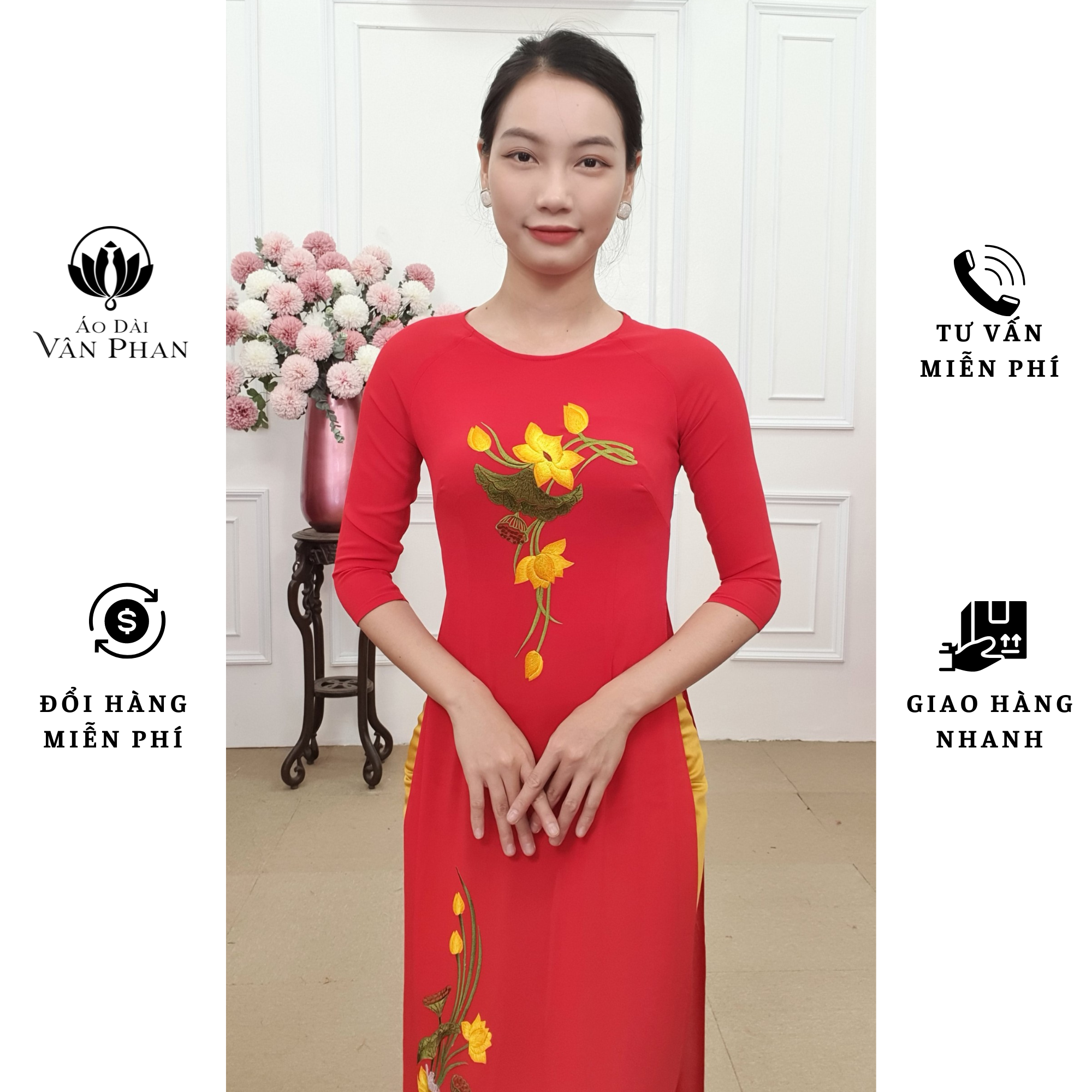 Tặng 91 áo dài đỏ thêu sen vàng bên dưới nón lá bình hoa cổ tròn_thumbnail_3