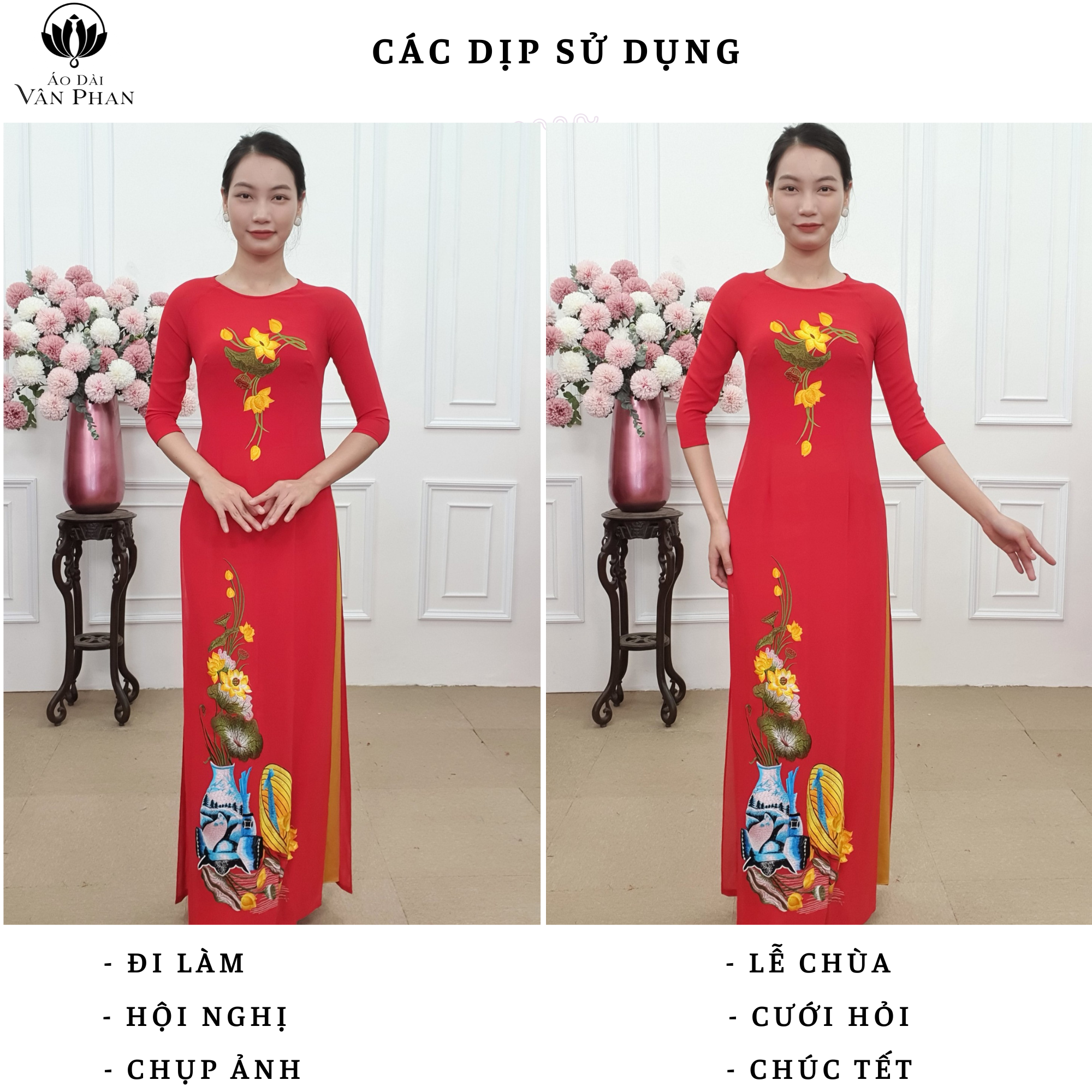 Tặng 91 áo dài đỏ thêu sen vàng bên dưới nón lá bình hoa cổ tròn_thumbnail_5
