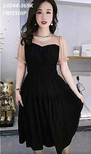 14044-Đầm xòe phối tay ngắn phồng eo nhún thun co giãn (kate thun, tơ nhung)FREESHIP_thumbnail_1