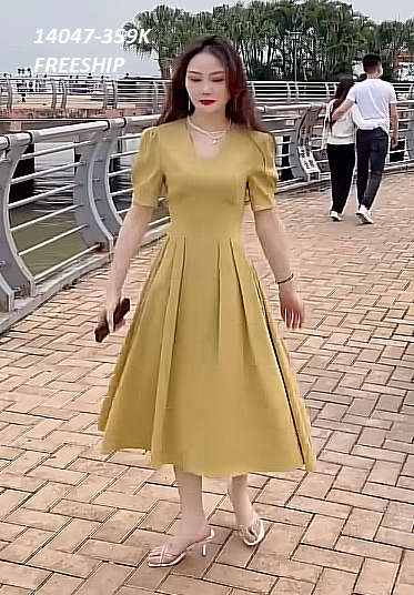 14047-Đầm xòe tay ngắn vạt váy gấp ly to (vải cotton lụa )FREESHIP_thumbnail_0