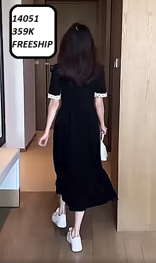 14051-Đầm xòe tay ngắn cổ vuông phối viền ren hoa (thun mịn)FREESHIP_thumbnail_1