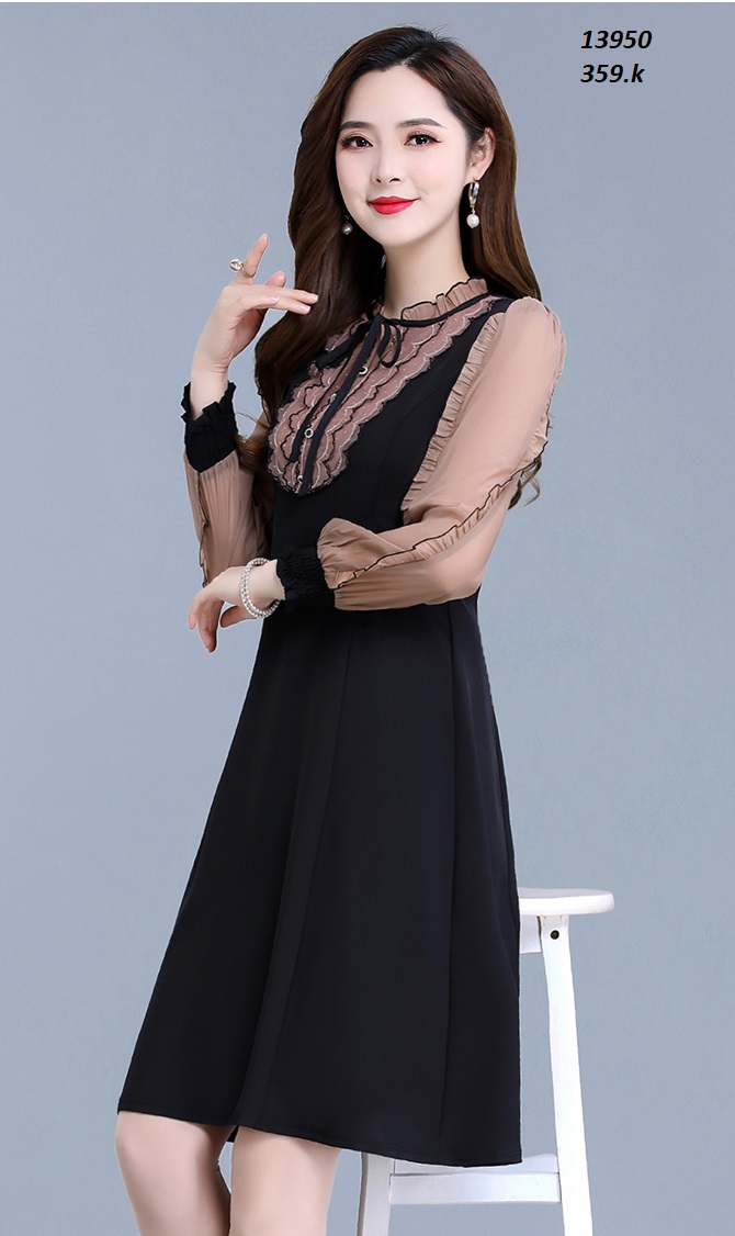 13950-Đầm suông tay lở cổ nhún viền bèo thắt nơ ( thun mịn, tơ nhung)FREESHIP_thumbnail_1