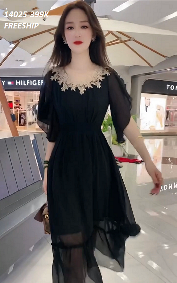 14025-Đầm voan xòe cổ phối ren  3D cách điệu  (voan , lót thun )FREESHIP_thumbnail_0