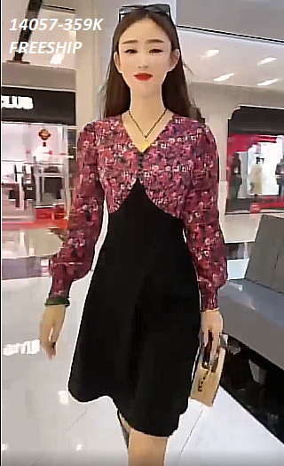 14057-Đầm suông A phối tay voan dài in  hoa nhí (thun mịn, voan hoa)FREESHIP_thumbnail_1