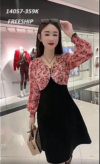 14057-Đầm suông A phối tay voan dài in  hoa nhí (thun mịn, voan hoa)FREESHIP_thumbnail_0