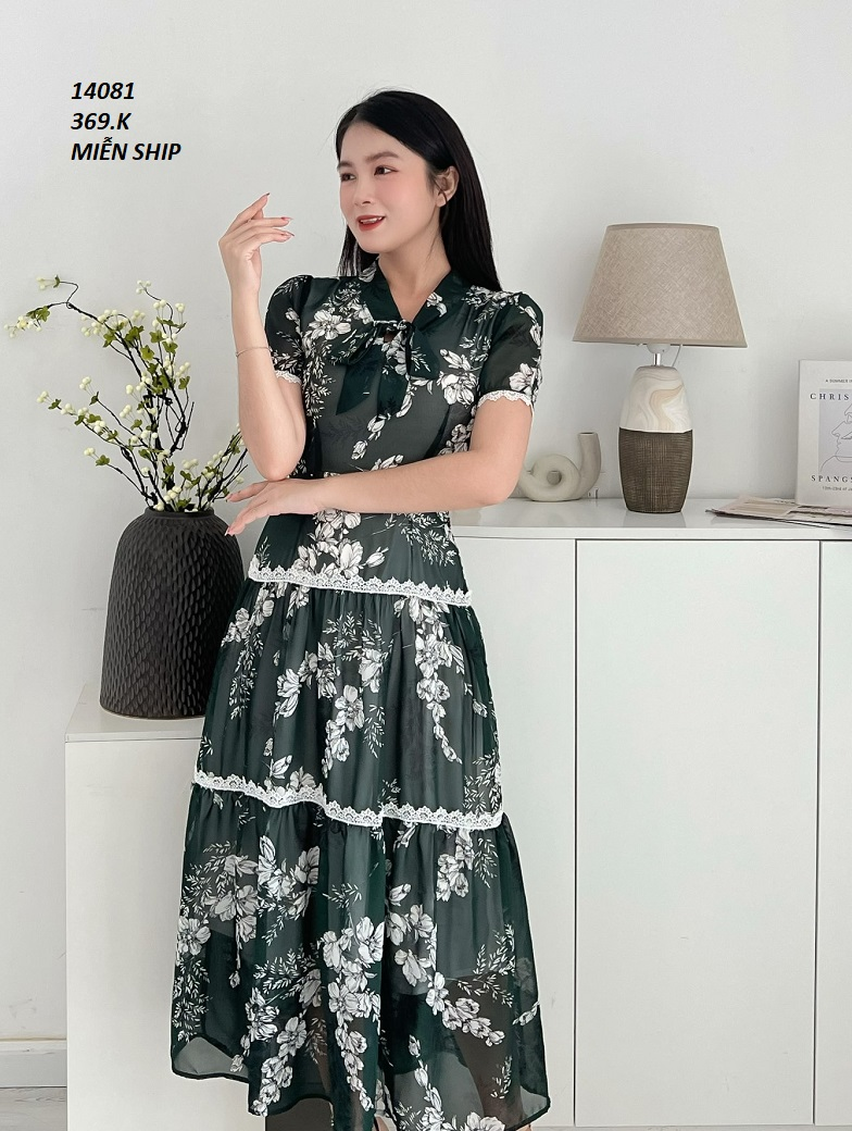 14081-Đầm voan hoa tay ngắn cổ thắt nơ viền ren nhún tầng ( voan, lót thun)FREESHIP_thumbnail_0