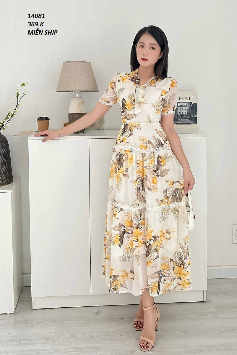 14081-Đầm voan hoa tay ngắn cổ thắt nơ viền ren nhún tầng ( voan, lót thun)FREESHIP_thumbnail_1