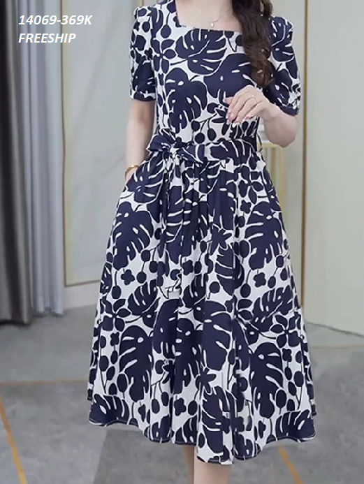 14069-Đầm xòe cổ vuông in họa tiết lá  kèm dây thắt eo (lụa in xanh đen, có túi)FREESHIP_thumbnail_0