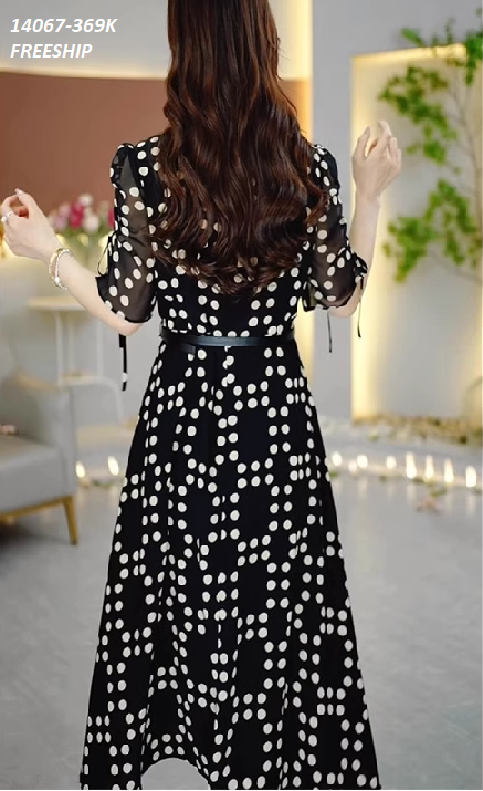 14067-Đầm voan xòe tay ngắn rút dây cổ trụ cách điệu (voan in viền cổ trắng)FREESHIP_thumbnail_2