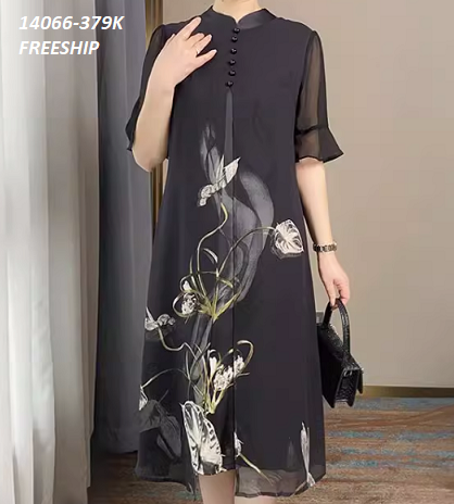 14066-Đầm suông tay loe cổ tàu kết nút  (voan in hoa lót thun)FREESHIP_thumbnail_0