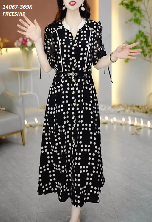 14067-Đầm voan xòe tay ngắn rút dây cổ trụ cách điệu (voan in viền cổ trắng)FREESHIP_thumbnail_0