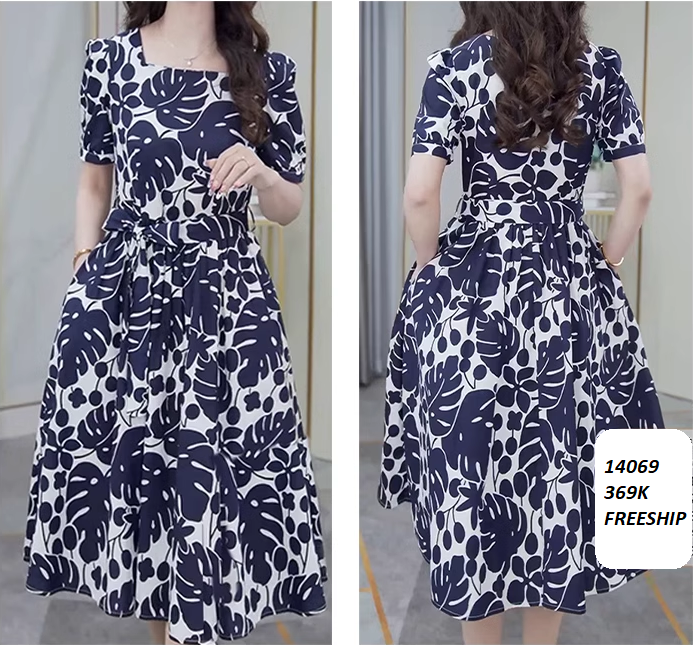 14069-Đầm xòe cổ vuông in họa tiết lá  kèm dây thắt eo (lụa in xanh đen, có túi)FREESHIP_thumbnail_1