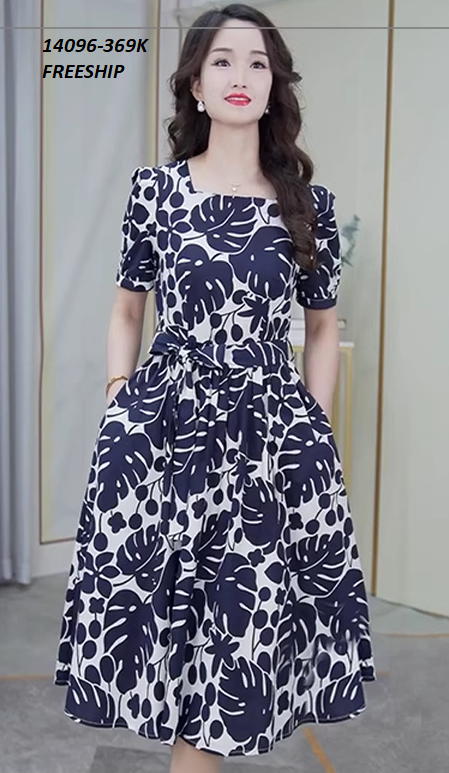 14069-Đầm xòe cổ vuông in họa tiết lá  kèm dây thắt eo (lụa in xanh đen, có túi)FREESHIP_thumbnail_2