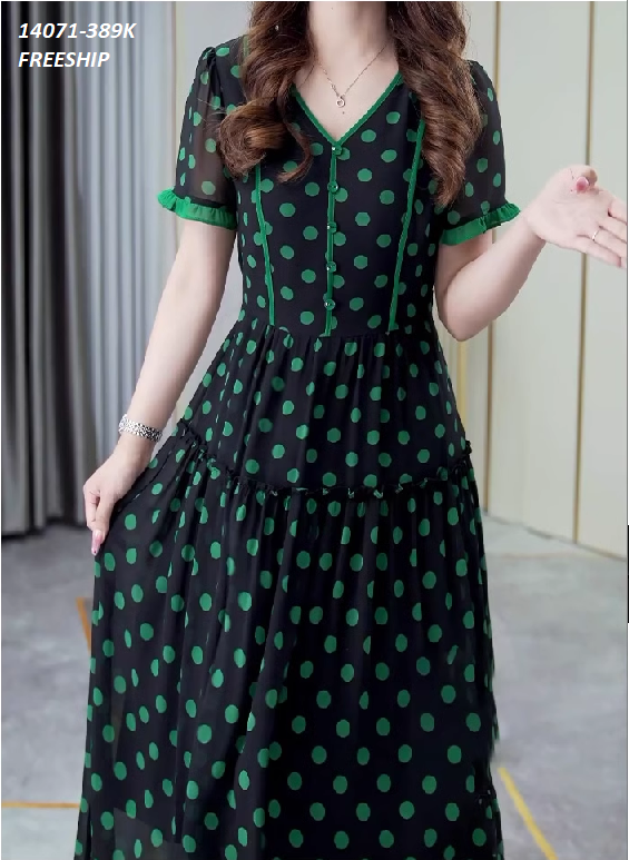 14071-Đầm voan dài cổ tim tay ngắn họa tiết bi xanh( voan, lót thun)FREESHIP_thumbnail_2